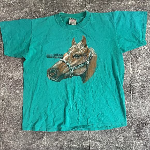 Men's Vintage 90's Oneita Teal Blue Horse Stable Pony Graphic T Shirt Tee Sz L - Picture 1 of 4